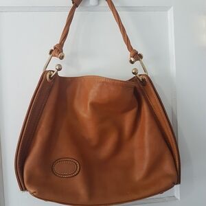 Vintage 90s Hobo Brown Leather Boho Handbag Purse Chunky Gold Hardware Sz OS